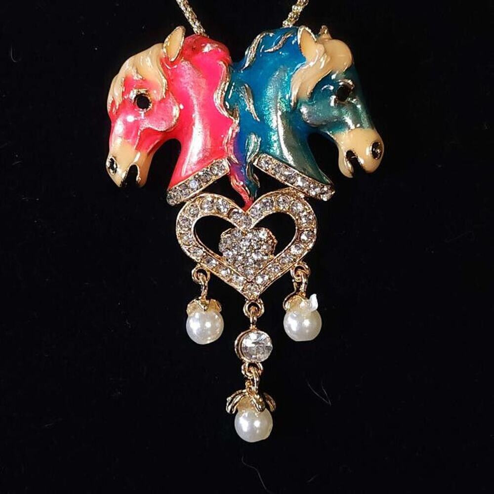 Twin Horse Gemini Betsey Johnson Enamel and Rhinestone Necklace